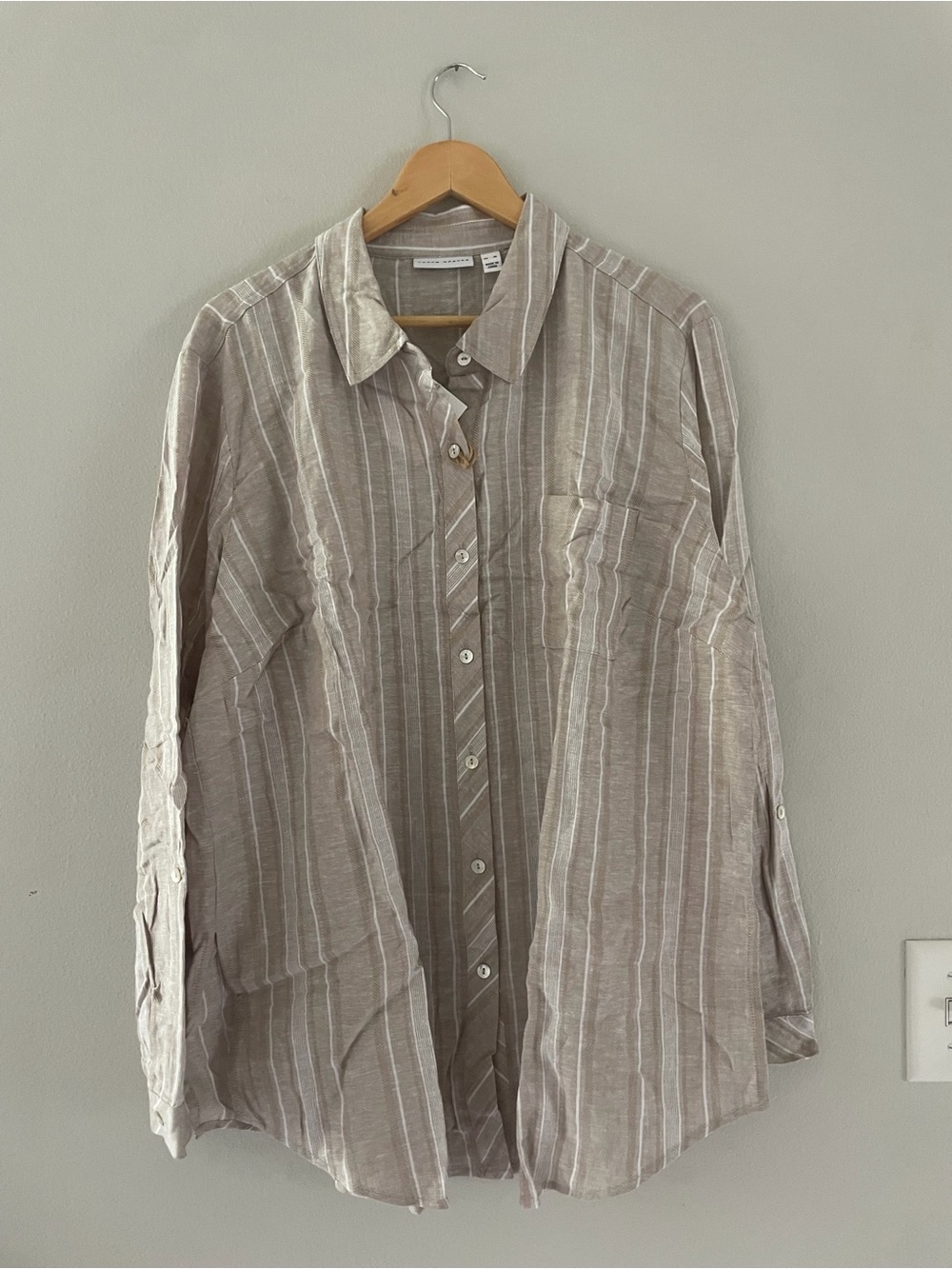 Susan Graver Tan & White Striped Linen Button Down Shirt